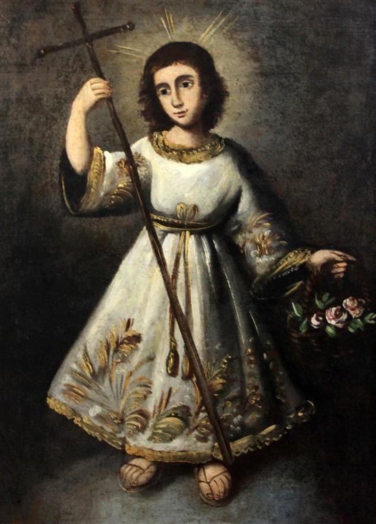 19th century Spanish School Christ as a child holding a cross and basket of flowers 30 x 22in.